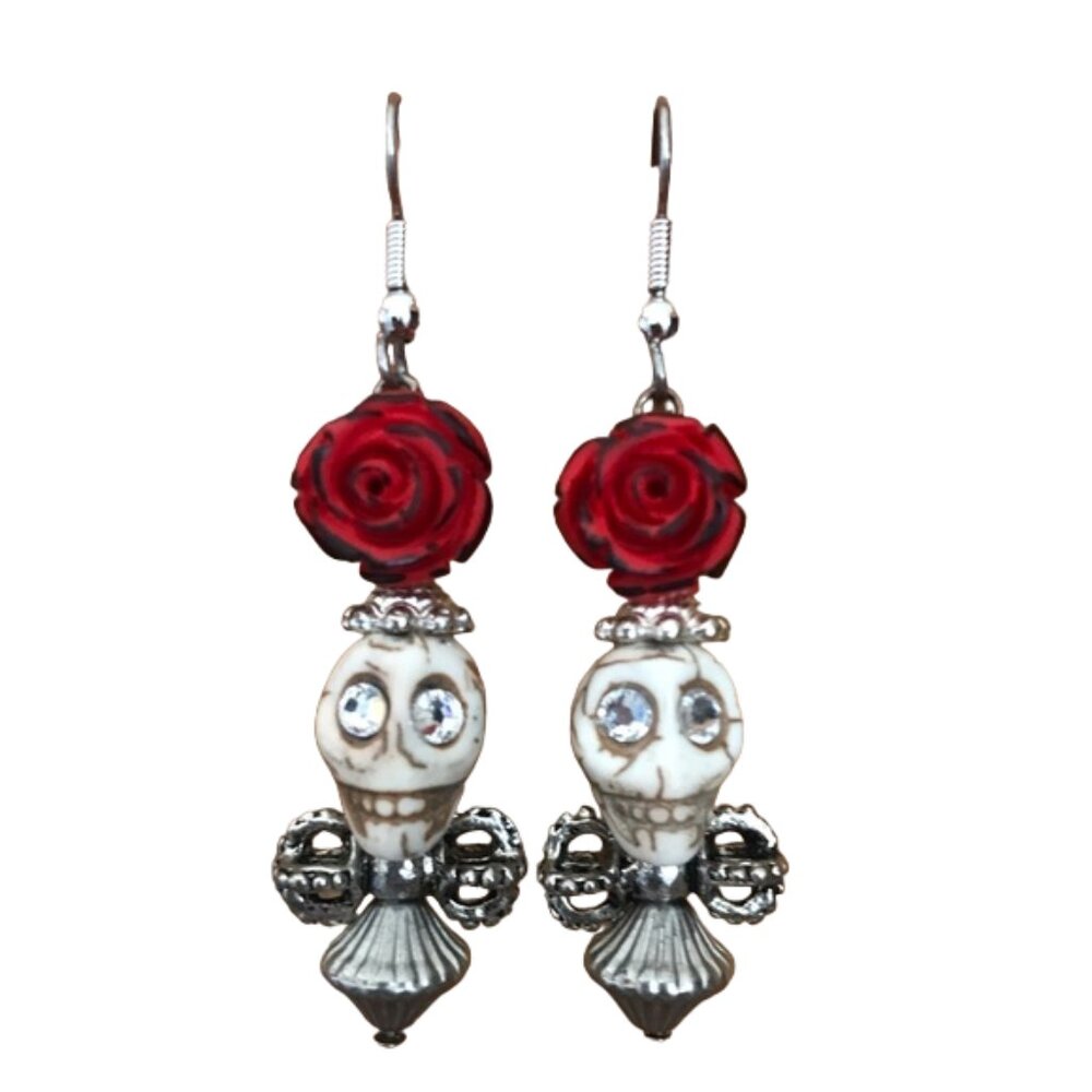 Handcrafted Skeleton Skull Day Of The Dead Rose Surgical Steel Wire Earrings
